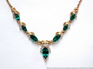 Vintage 14k Yellow Gold Syn Emerald Fine F Color Diamond Ladies Necklace 20.  5in