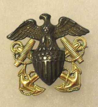 Wwii Naval Officer " Sterling 1/20 10k " Overseas Cap Badge Pin Back