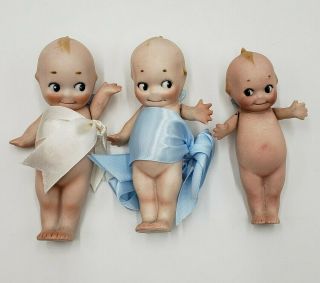 3 Vintage Rose O’neill Bisque Kewpie Dolls W/poseable Arms Blue Wings One Signed