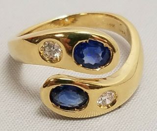 Vintage 18k Yellow Gold Diamonds & Sapphires Snake Design Ring - Size 5 1/2
