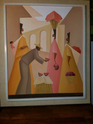 Vintage Modernism Surreal Cubist Folk Oil Painting Signed J.  Rocha,  Market Place