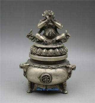 Chinese Buddhism Vajra King Kong Mahakala Old Tibetan silver Incense Burner 5