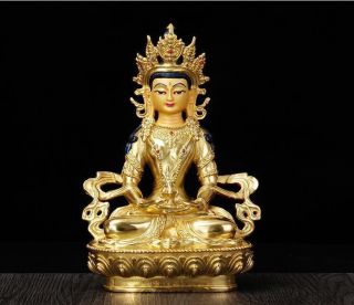 8 " Antique Tibetan Buddhism Copper Gilt Hand Painting Amitayus Buddha Statue
