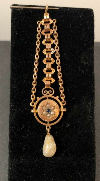 19thc 14k Rose Gold Victorian Etruscan Seed Pearl & Blue Spinel Lavalier Pendant