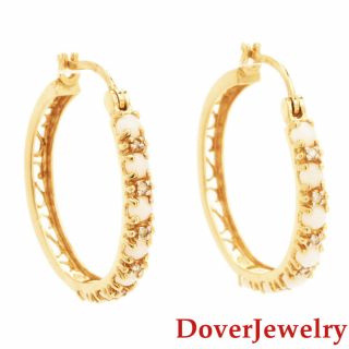 Estate Diamond Opal 14k Yellow Gold Hoop Earrings Nr