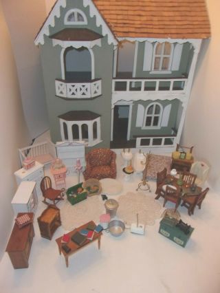 Vintage Wooden Dollhouse Wood,  Brass,  Porcelain,  Cast Iron Furniture Victorian