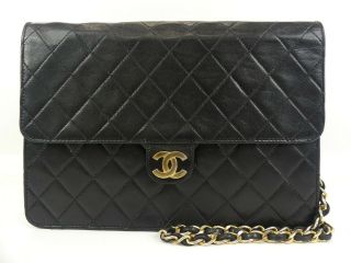 Ra1790 Auth Chanel Vintage Black Quilted Lambskin Push Lock Chain Shoulder Bag