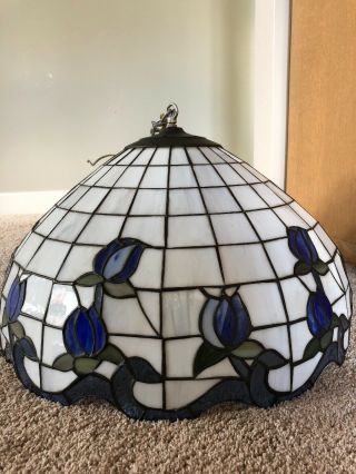 Vintage Tiffany Style Stained Glass Leaded Slag Hanging Ceiling Ilight Lamp