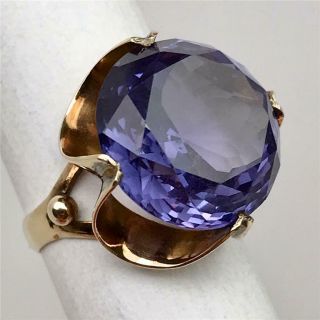 Vtg Mid Century Large Purple Alexandrite 14k Gold Statement Cocktail Ring Size 5