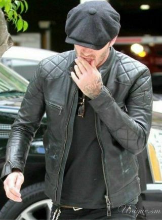 Uk Stock Clearence Mens Black David Beckham Real Leather Jacket Biker Vintage