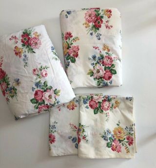 Vintage Ralph Lauren Claire Floral Queen Flat Fitted Sheet King Pillow Pair (n)