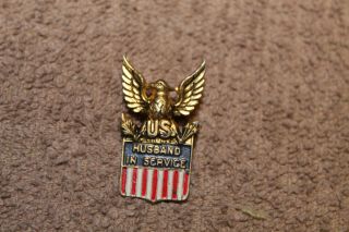 Ww2 U.  S.  Homefront " Husband In Service " Sterling Marked Eagle Label Pin