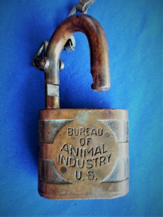 vintage antique collectible U S BUREAU OF ANIMAL INDUSTRY padlock lock w key 2