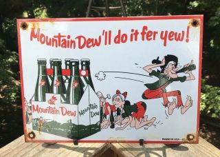 Vintage Mountain Dew Porcelain Sign,  Soda Pop,  Gas Station,  Fountain Dated 1961