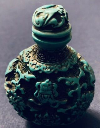 Chinese Green Hand Carved Resin Snuff Bottle With Fish And Flowers