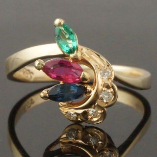 Solid 14k Yellow Gold,  Diamond,  Ruby,  Sapphire & Emerald Estate Ring