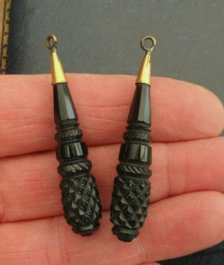 Vintage Jewellery Victorian Carved Jet Drop Day Night Earrings Conversion Repair