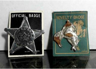 2 Vintage Novelty Tin Toy Deputy Sheriff Badge And Bucking Bronco Japan 1950s