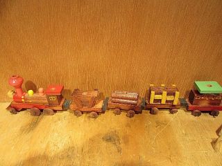 Vintage Child ' s Wooden Pull Toy Train Set Japan 4