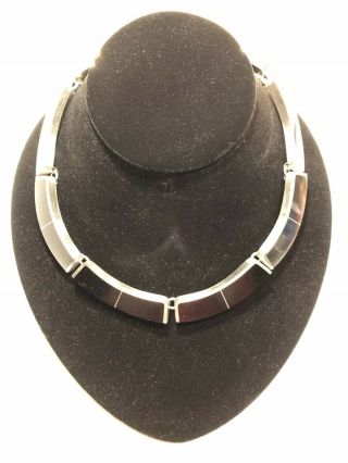 Vintage Signed Mexico Modernist Taxco Link Choker Necklace,  Tl - 50 Sterling Onyx
