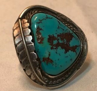 Vintage Men ' s Old Pawn Navajo Silver Godber Nevada Turquoise Ring Size 7.  5 2