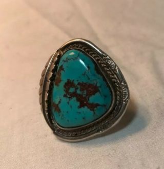 Vintage Men ' s Old Pawn Navajo Silver Godber Nevada Turquoise Ring Size 7.  5 4