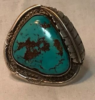 Vintage Men ' s Old Pawn Navajo Silver Godber Nevada Turquoise Ring Size 7.  5 7