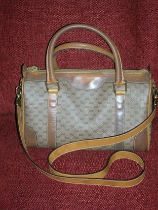 Vintage Gucci Gg Monogram Shoulder Doctor Handbag Tan/beige Canvas Leather Italy