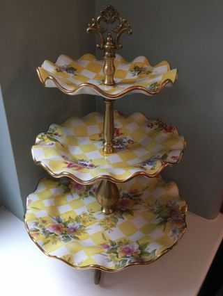 Vintage Retired Pattern Mackenzie - Childs 3 - Tier Hand - Painted Cake Stand