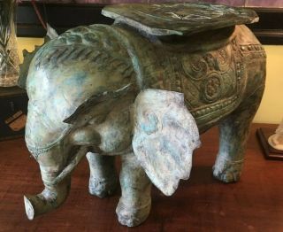 Vintage Metal Elephant Plant Stand / Side Table Copper Green Patina