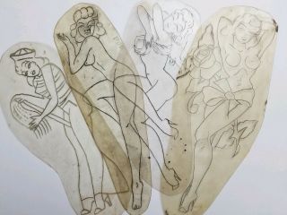 (4) Vintage Tattoo Acetate Pinup Flash Stencils Santa Ana Shaw Shop,  8 "