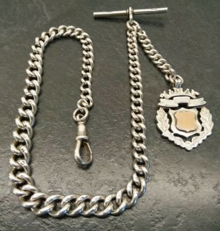 All Old Vintage Silver Graduated Albert Pocket Watch Chain & Fob.  44g.