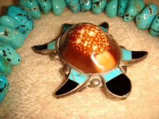 Vtg.  Old Pawn Rare Zuni 2 " Sterling Silver Inlaid Turquoise Jet Shell Turtle Pin