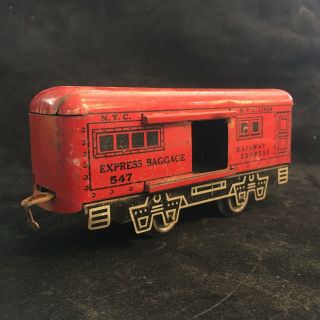 (a) Vintage Tin Toy Train Railway Express Baggage 547 Nyc Lines Tin Toy Train