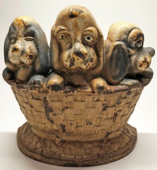 Antique Cast Iron Doorstop Puppies In Basket Hubley,  Rothstein,  Albany? Dogs Vtg