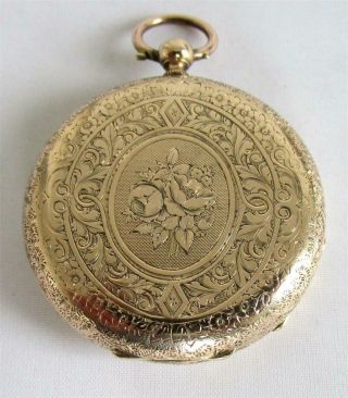 Vintage Ladies 14ct Gold Swiss Cylinder Ornate Fob Pocket Watch Needs Service