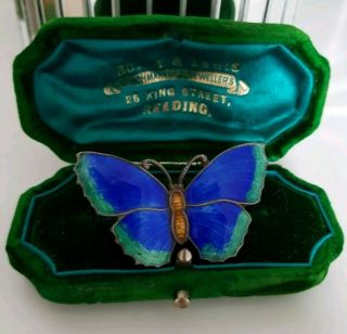 Antique Victorian Blue Enamel Butterfly Brooch Sterling Silver Circa 1900