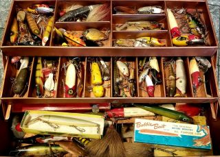 Vintage Metal Tackle Box - Full Old Fishing Lures - Musky,  Bass,  Etc.
