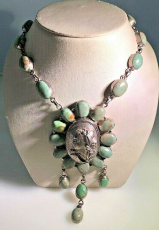 Large Art Nouveau Style Sterling Silver Heart Turquoise Necklace.