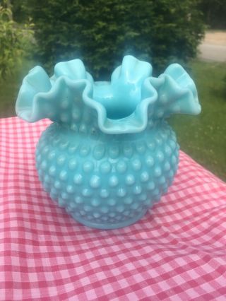 Large Vintage Fenton Turquoise Milk Glass Hobnail Rose Bowl Ruffled Vase 5 - 1/2