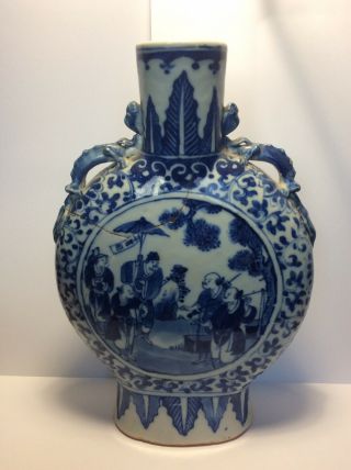 18/19th Qing Antique Chinese Blue & White Moon Flask Vase As Seen