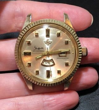 Vintage Sheffield Waterproof Watch Day Date Swiss Made Runs Gold