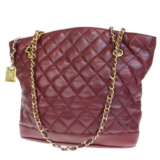 Auth Chanel Cc Logo Quilted Chain Shoulder Bag Leather Bordeaux Vintage 30er622