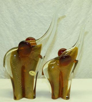Vtg Pair Signed Zane Murano Art Glass Italy Aventurine Elephants 24k Gold Flecks