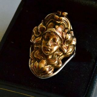 Vintage Art Deco Style Goddess Ring Repousse Sterling Silver Gold Wash Size 7