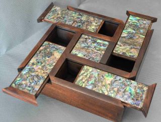 Souvenir Chinese Collectable Handwork Old Boxwood Inlay Shell Tibet Jewelry Box