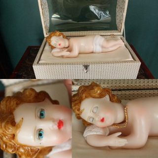 Vintage Wax Baby Doll Automaton Music Box Lullaby Blue Eyes Blonde Hair