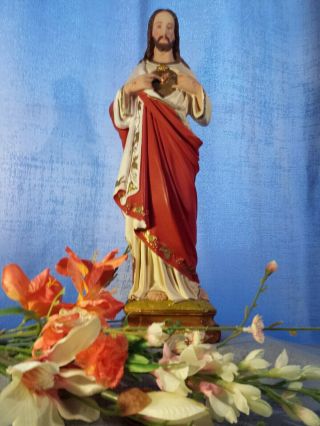 Vtg 17 " Jesus Christ Sacred Heart Sculpture Statue Chalkware French Handpainted