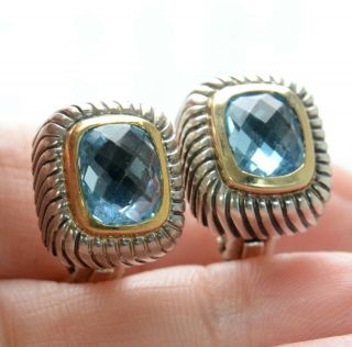 Vintage Menegatti Solid 925 Sterling Silver And 18k Gold Blue Topaz Earrings 