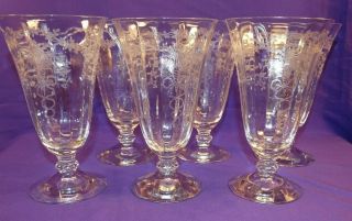 6 Vintage Fostoria Crystal 6 1/8 " Footed Ice Tea Glasses W/ Corsage Etch 12 Oz.